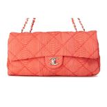 A CHANEL CORAL RED QUILTED PYTHON LEATHER FLAP