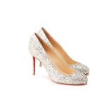 A PAIR OF CHRISTIAN LOUBOUTIN SILVER SPARKLY HEELS EU 35.5