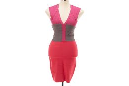 A HERVÉ LEGER PINK, PURPLE & GREY BANDAGE BODYCON DRESS