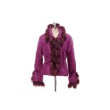 A ROBERTO CAVALLI PLUM QUILTED JACKET WITH FOX FUR