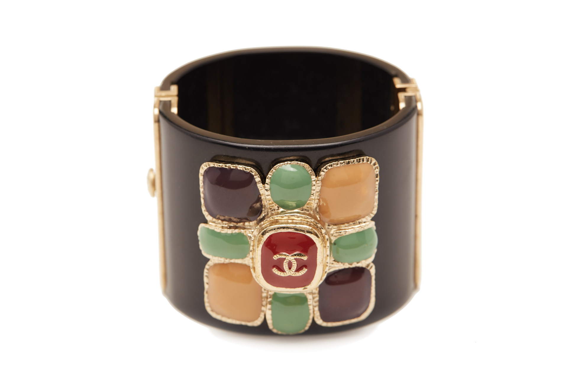 A CHANEL BLACK CUFF WITH MULTICOLOUR STONE FLOWER