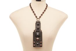 A LANVIN LEATHER & BLACK GEM PENDANT NECKLACE