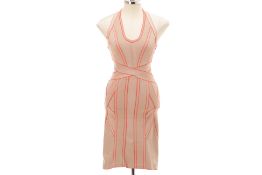 A HERVÉ LEGER BEIGE & ORANGE HALTER BANDAGE BODYCON DRESS