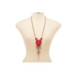 A RED & DOUBLE SILVER CHAIN NECKLACE