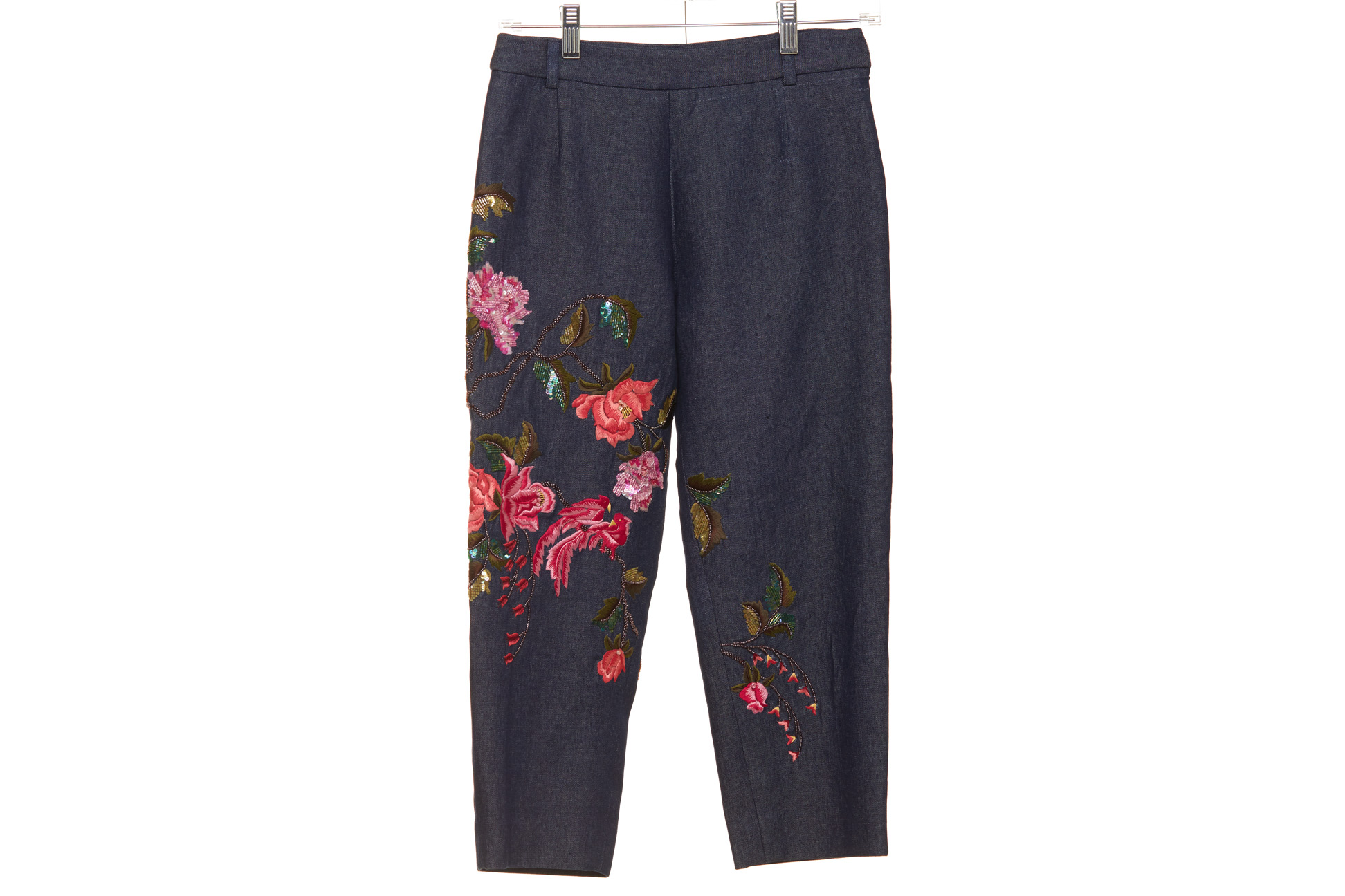A PAIR OF DARK WASH FLORAL EMBROIDERED JEANS