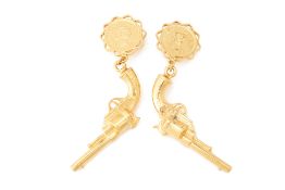 A PAIR OF CHANEL GILT METAL PISTOL DROP EARRINGS