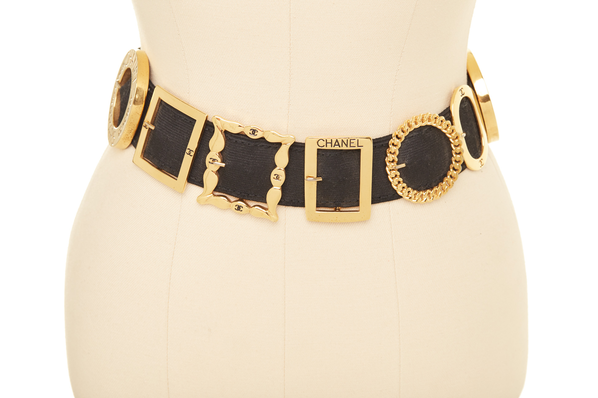 A CHANEL BLACK FABRIC AND GILT METAL MULTI BUCKLE BELT - Image 2 of 3