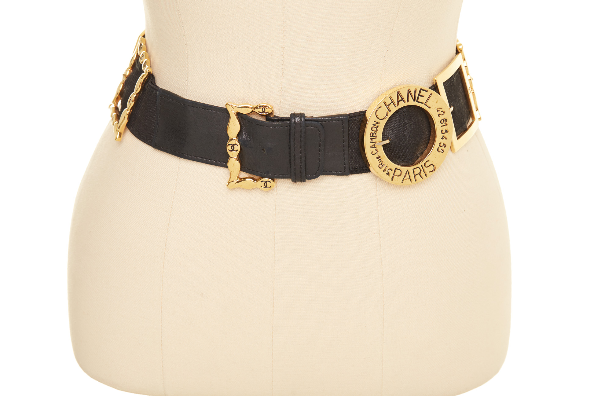 A CHANEL BLACK FABRIC AND GILT METAL MULTI BUCKLE BELT