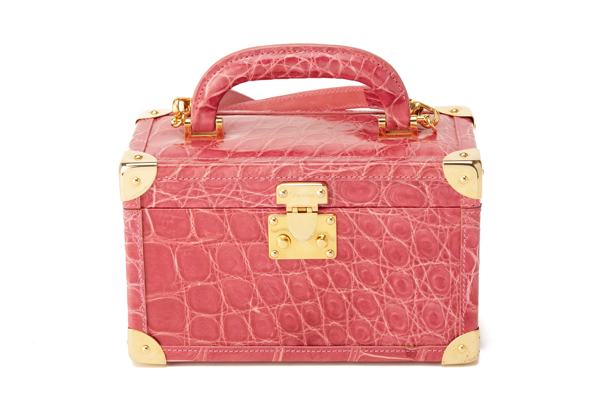 A VASADINO PINK ALLIGATOR EMBOSSED LEATHER VANITY CASE