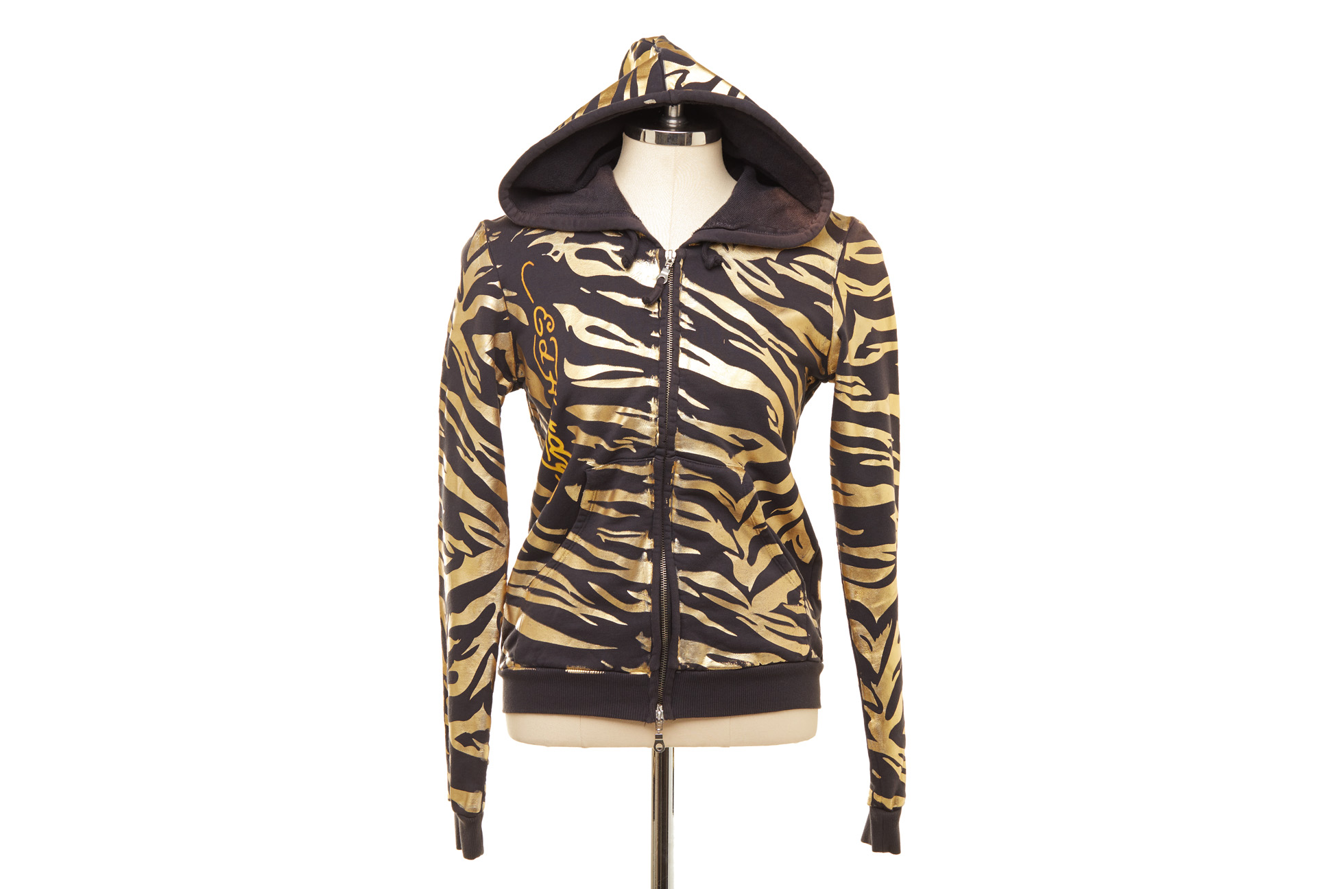 AN ED HARDY BLACK & METALLIC GOLD TIGER PRINT ZIP-UP JACKET