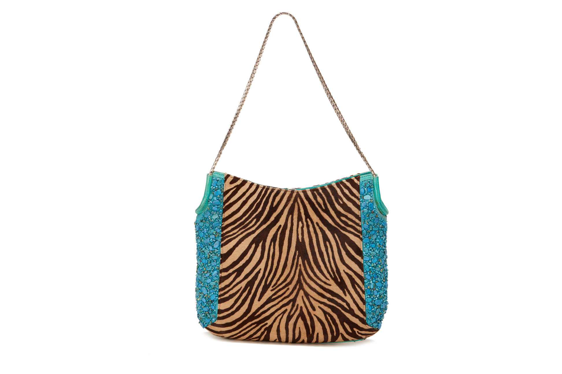 A VERSACE TIGER PRINT AND TURQUOISE EMBELLISHED HANDBAG