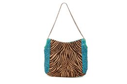 A VERSACE TIGER PRINT AND TURQUOISE EMBELLISHED HANDBAG