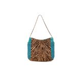 A VERSACE TIGER PRINT AND TURQUOISE EMBELLISHED HANDBAG