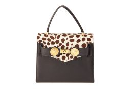 A VERSACE BLACK LEATHER & ANIMAL PRINT PONY HANDBAG