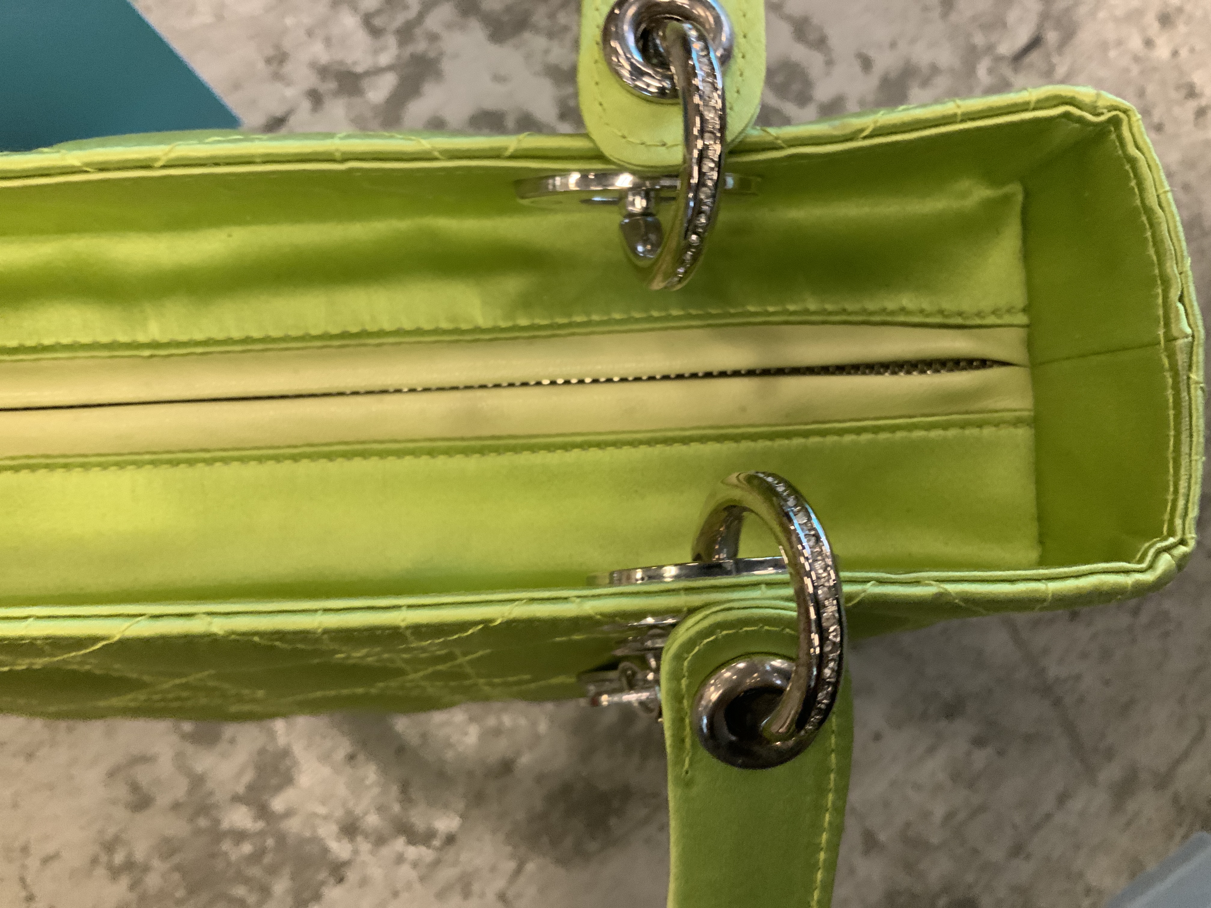 A CHRISTIAN DIOR QUILTED GREEN SATIN MEDIUM LADY DIOR - Image 6 of 6