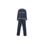 A BLUMARINE JEANS DENIM AND FUR TRIM JACKET AND JEANS SET