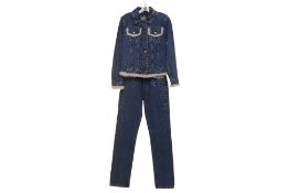 A BLUMARINE JEANS DENIM AND FUR TRIM JACKET AND JEANS SET