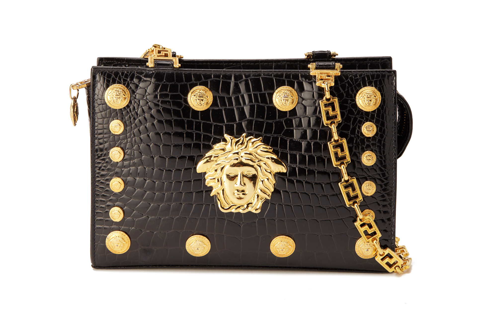 A GIANNI VERSACE BLACK CROCODILE EMBOSSED LEATHER HANDBAG