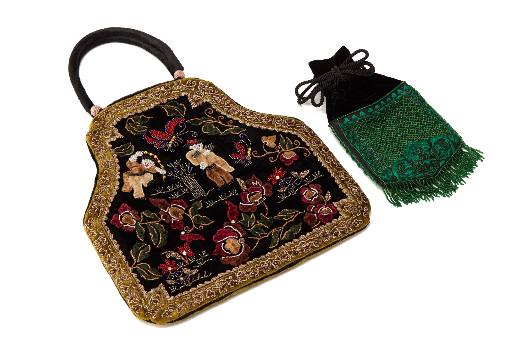 TWO BLACK VELVET EMBROIDERED BAGS