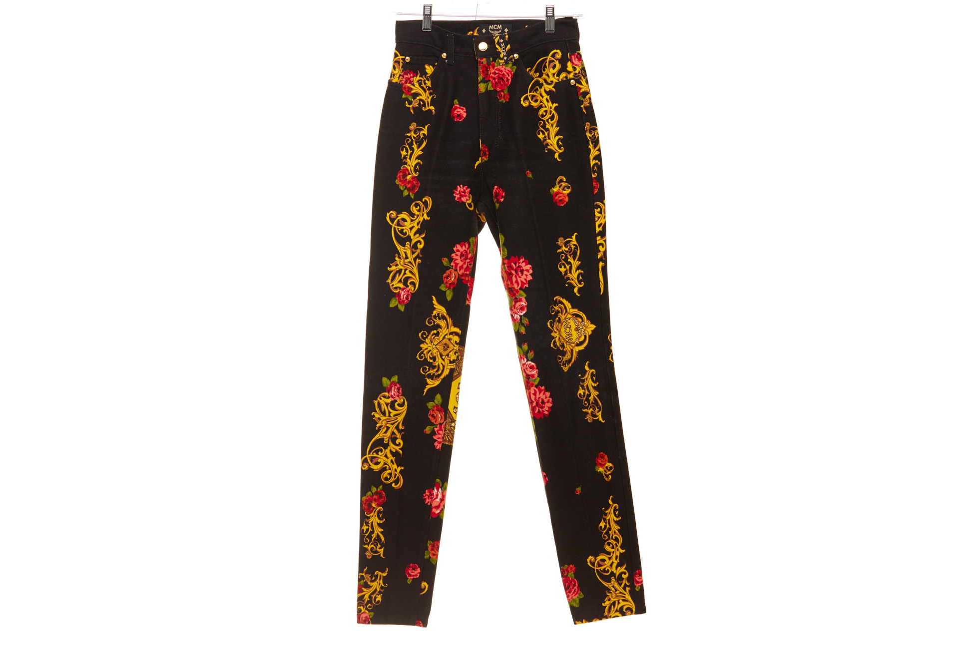 A PAIR OF MCM BAROQUE & FLORAL PRINTED JEANS