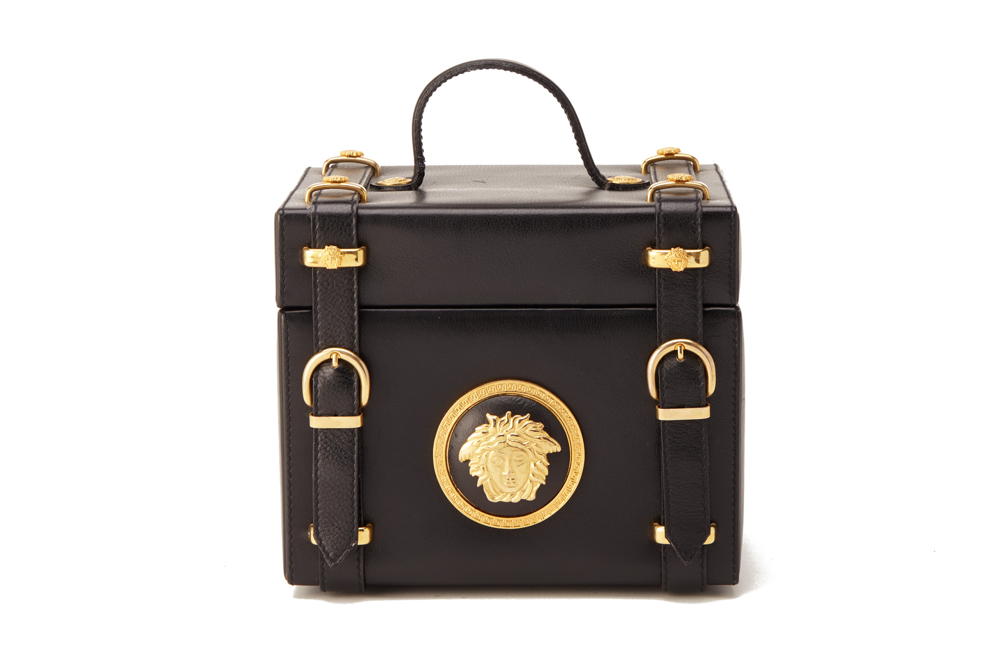 A GIANNI VERSACE BLACK LEATHER VANITY CASE