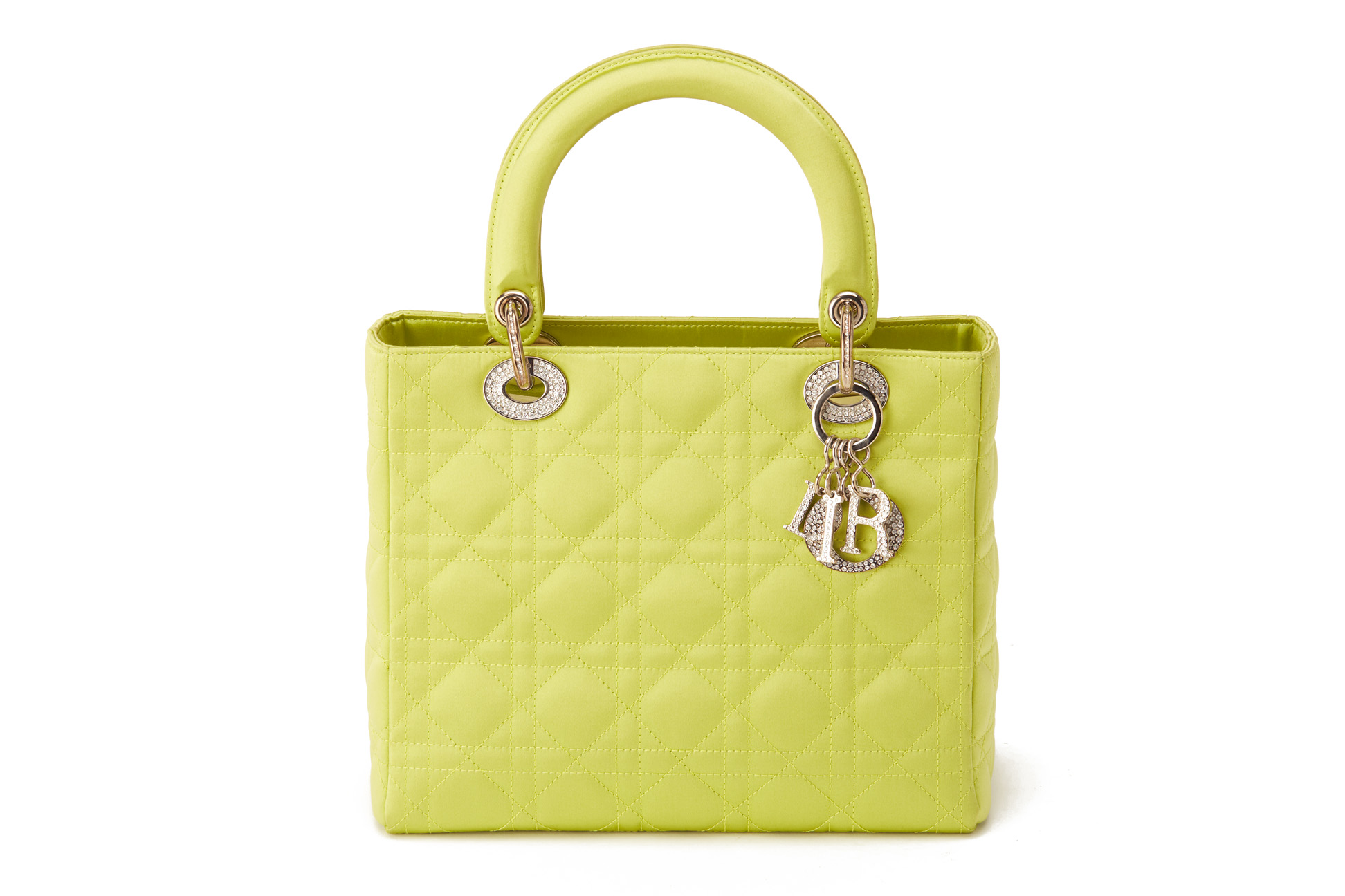 A CHRISTIAN DIOR QUILTED GREEN SATIN MEDIUM LADY DIOR