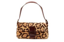 A FENDI LEOPARD PRINT PONY HAIR BAGUETTE SHOULDER BAG