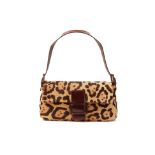 A FENDI LEOPARD PRINT PONY HAIR BAGUETTE SHOULDER BAG