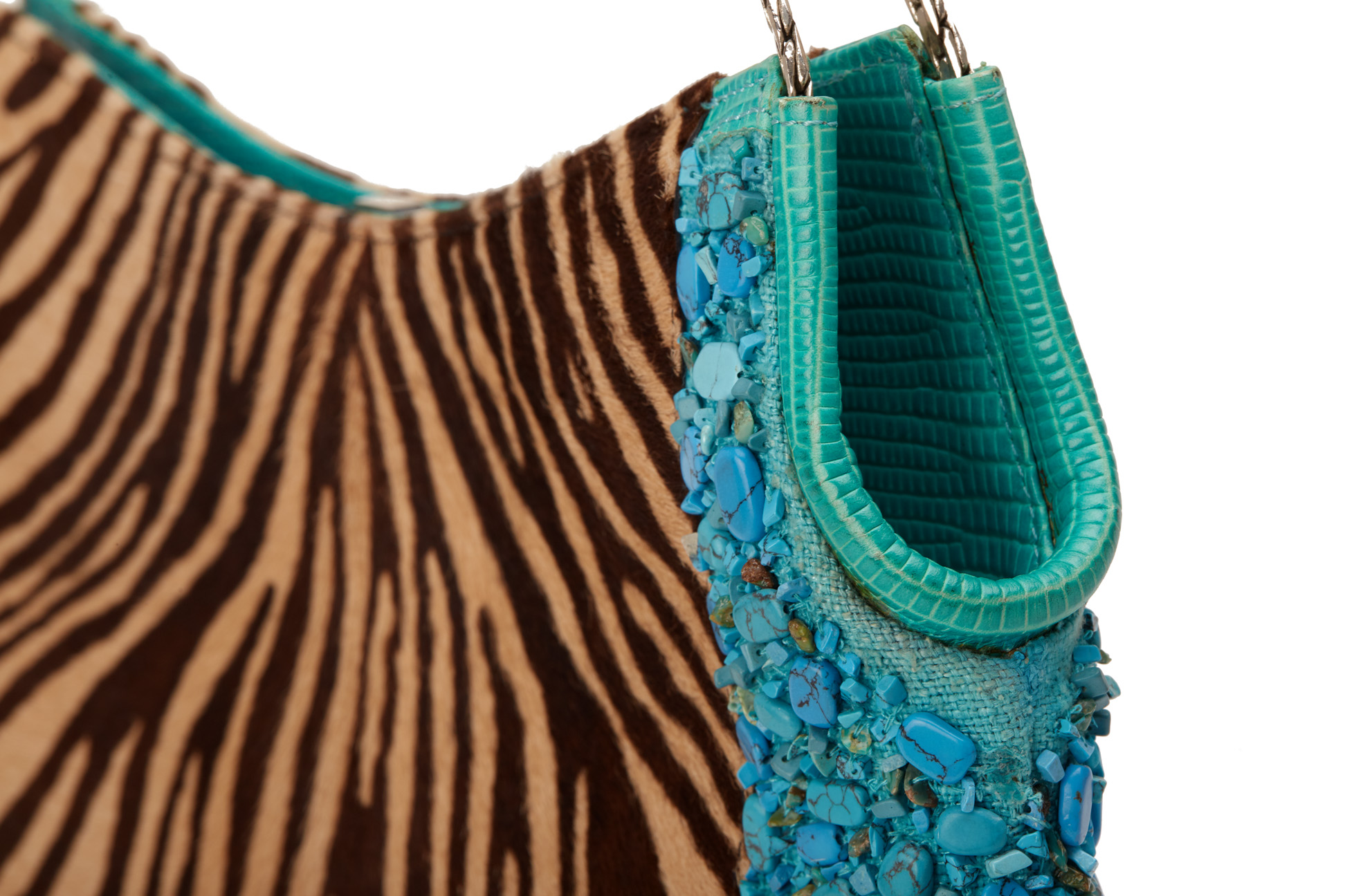 A VERSACE TIGER PRINT AND TURQUOISE EMBELLISHED HANDBAG - Image 4 of 5