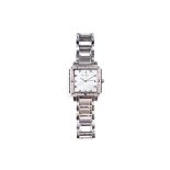 A BULOVA LADIES' SQUARE DIAMOND STAINLESS STEEL WATCH