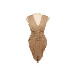 A BALMAIN BEIGE RUCHED BODY-CON DRESS