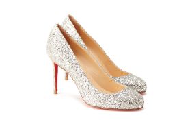 A PAIR OF CHRISTIAN LOUBOUTIN SILVER SPARKLY HEELS EU 35.5