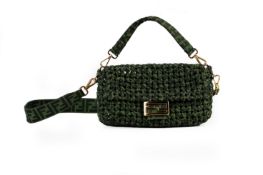 A FENDI GREEN BAGUETTE JACQUARD FABRIC INTERLACE PURSE