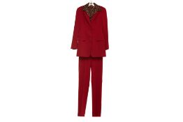 A DOLCE & GABBANA RED & LEOPARD PRINT TROUSER SUIT AND TOP