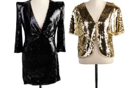 A BLACK EVENING SEQUIN DRESS AND GOLD SEQUIN CARDIGAN