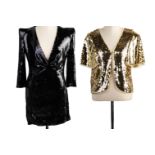 A BLACK EVENING SEQUIN DRESS AND GOLD SEQUIN CARDIGAN