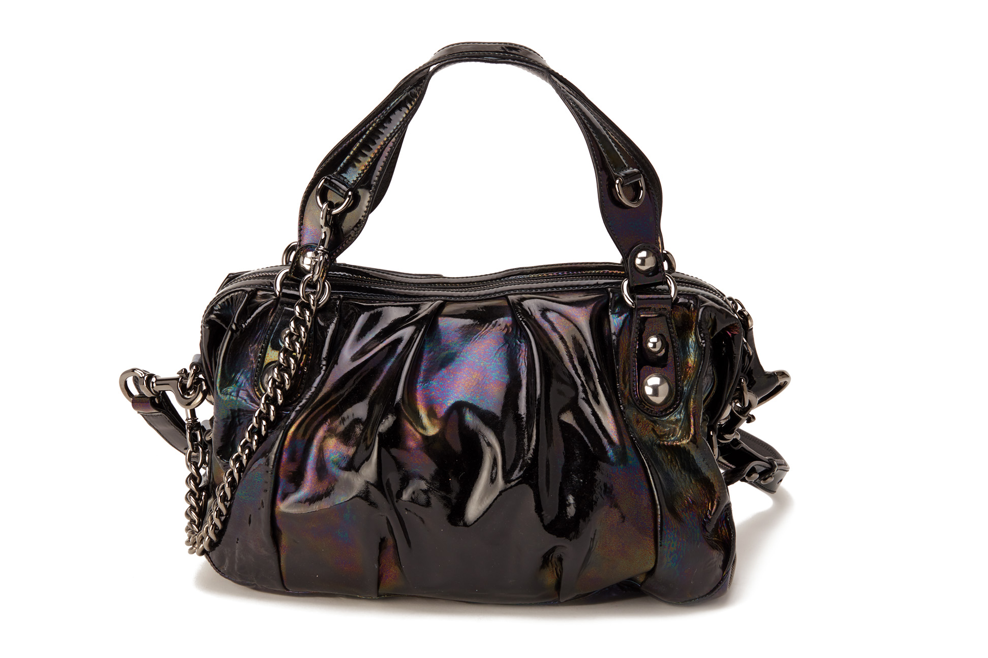 A GUCCI BLACK IRIDESCENT PATENT HANDBAG