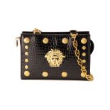 A GIANNI VERSACE BLACK CROCODILE EMBOSSED LEATHER HANDBAG