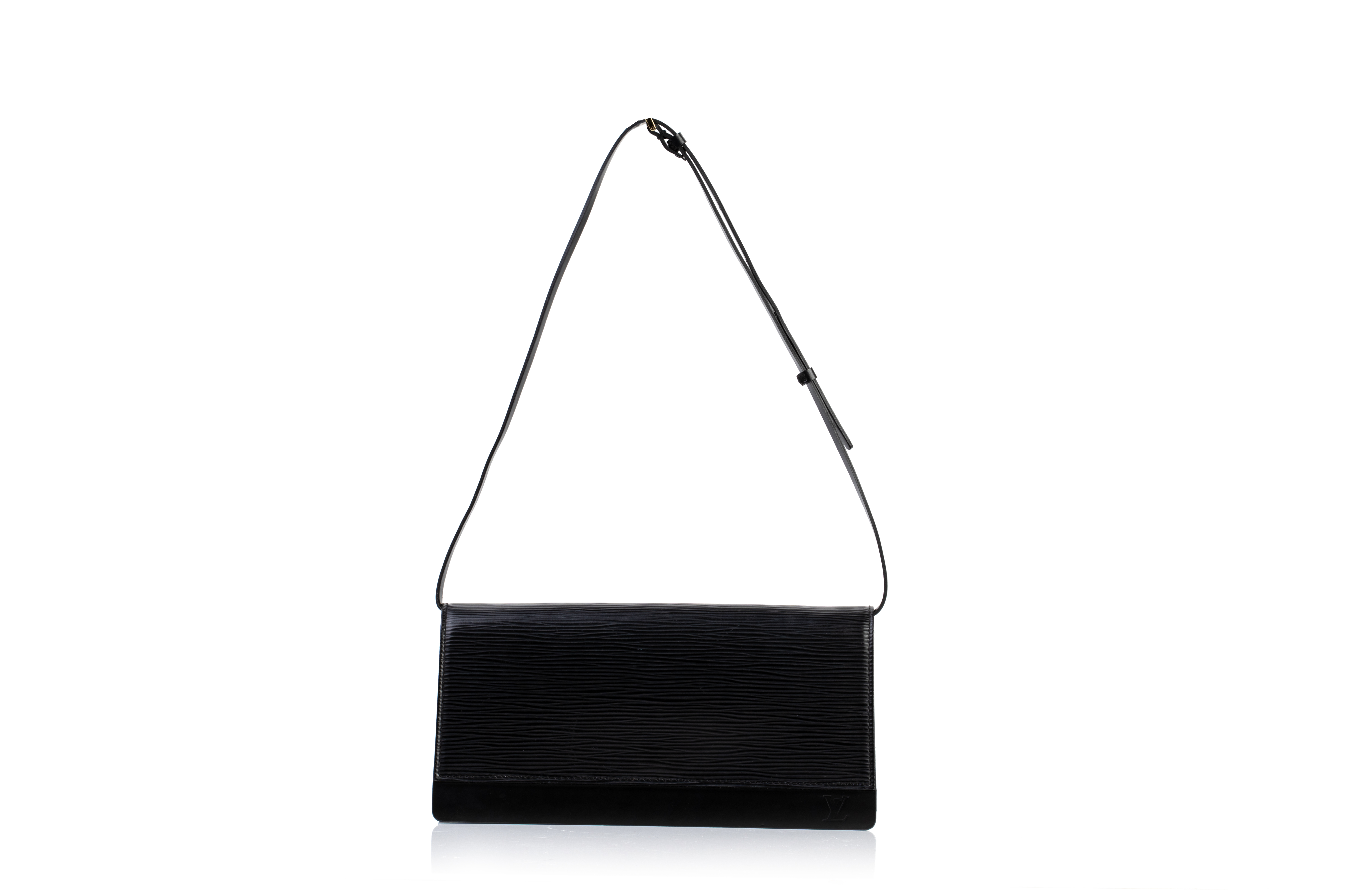 A LOUIS VUITTON POCHETTE ACCESSORY BLACK LEATHER CLUTCH BAG