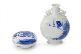 A BLUE AND WHITE MOON FLASK AND A CIRCULAR BOX