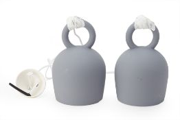 A PAIR OF 'CALO' GREY PAINTED CERAMIC PENDANT LIGHTS