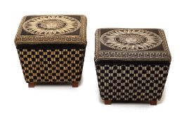 A PAIR OF VERSACE STYLE SQUARE UPHOLSTERED STOOLS