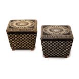 A PAIR OF VERSACE STYLE SQUARE UPHOLSTERED STOOLS