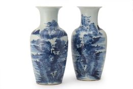 A PAIR OF BLUE & WHITE PORCELAIN LANDSCAPE VASES