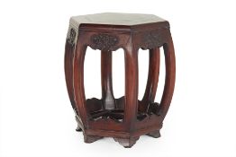 A CHINESE MARBLE INSET HEXAGONAL CARVED HARDWOOD STOOL