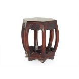A CHINESE MARBLE INSET HEXAGONAL CARVED HARDWOOD STOOL