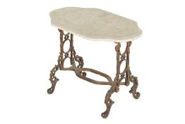 A CAST IRON AND MARBLE TOPPED SIDE TABLE