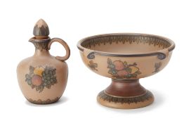 A LAURITZ HJORTH STONEWARE PEDESTAL BOWL AND A JUG