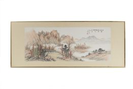 A CHINESE WATERCOLOUR OF A MOUNTAINOUS LANDSCAPE