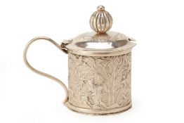 A CHINESE EXPORT SILVER DRUM MUSTARD POT